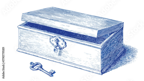 Blue and White Box with Key Inside Vector Drawing for Design Projects