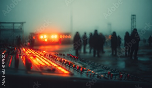 Outdoor audio mixer glowing with orange lights amidst a foggy crowd and stage lights.