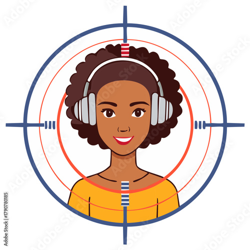 Woman wearing headphones in crosshairs listening to music or audio. Vector illustration.