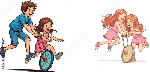 Children, unicycle play, teamwork, balance, happy kids, motion, smiling faces, fun activity, coordination, cartoon style, childhood joy, group interaction, playful momen