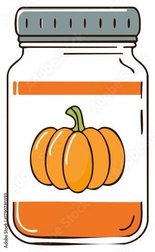 Cartoon illustration of a glass jar of homemade pumpkin jam or puree