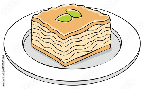 Illustration of Baklava Pastry Dessert on White Plate with Green Leaves