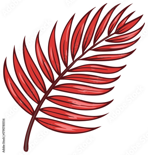 Vivid Red Palm Frond: Tropical Botanical Illustration, Decorative Leaf Branch Element