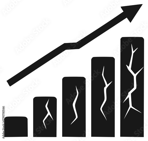 Increasing bar graph with arrow, financial success with increasing cracks, risks, challenge, difficulty, growing, business growth