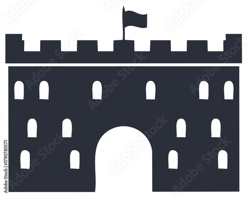 Dark silhouette of a medieval castle fortress gate with flag and windows vector illustration