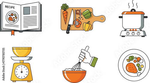 Culinary journey: recipe book, fresh ingredients, cooking process, and final meal