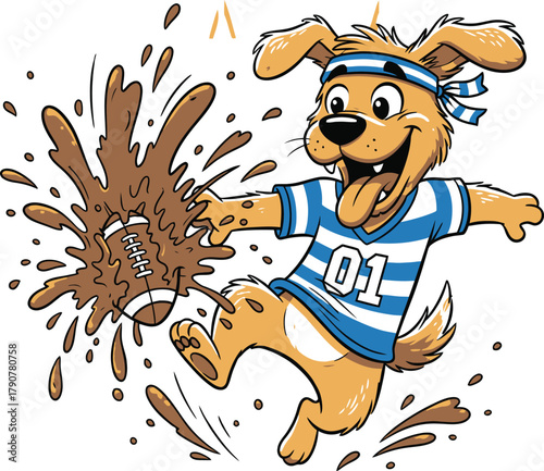 Happy cartoon dog playing and splashing in a big mud puddle