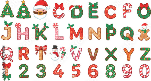 Christmas alphabet, holiday letters, festive numbers, decorated font, gingerbread style, Santa hat, candy cane, snowman, winter theme, seasonal clipart