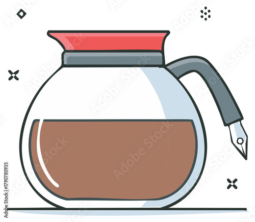 Illustration of a glass coffee pot filled with brown liquid and a pen nib for a handle
