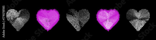 Abstract shimmering Magenta and Gray Textured Hearts with 2000 aesthetics and dadaism in raster style.  set in style y2k brutalism pixel 