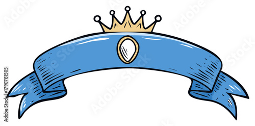 Cartoon illustration of a blue banner with crown decoration for award