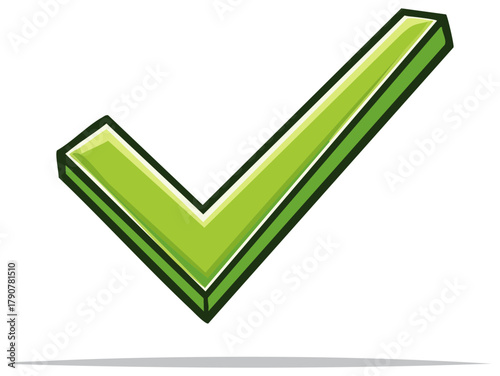 Vivid green check mark symbol illustration with dark outline indicating validation and completion