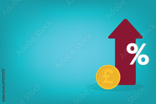 Increased income or revenue, capital gain, increased sales turnover, British pound and arrow with percentage sign	