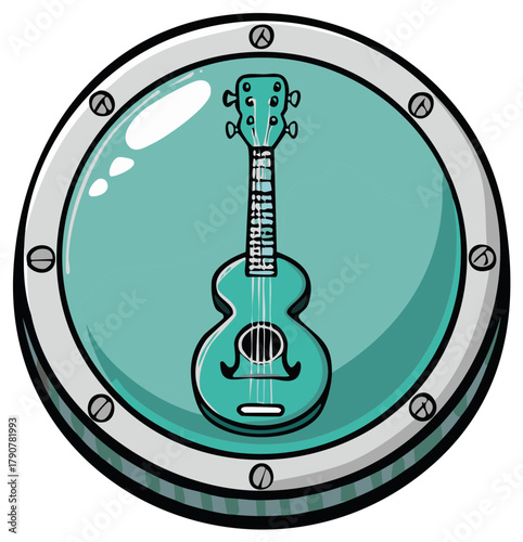 Turquoise Ukulele Inside a Riveted Circular Frame with a Light Effect