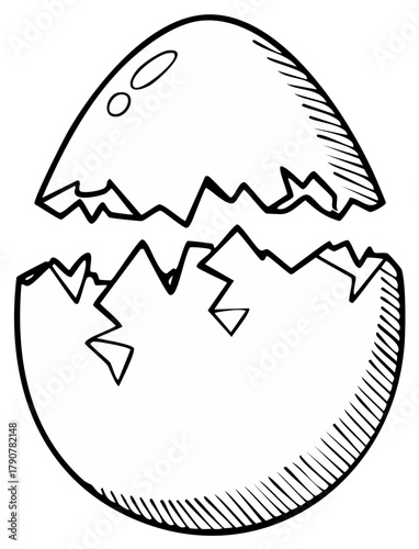 Hand-drawn cracked eggshell illustration showing two separated halves with an empty interior in sketch style