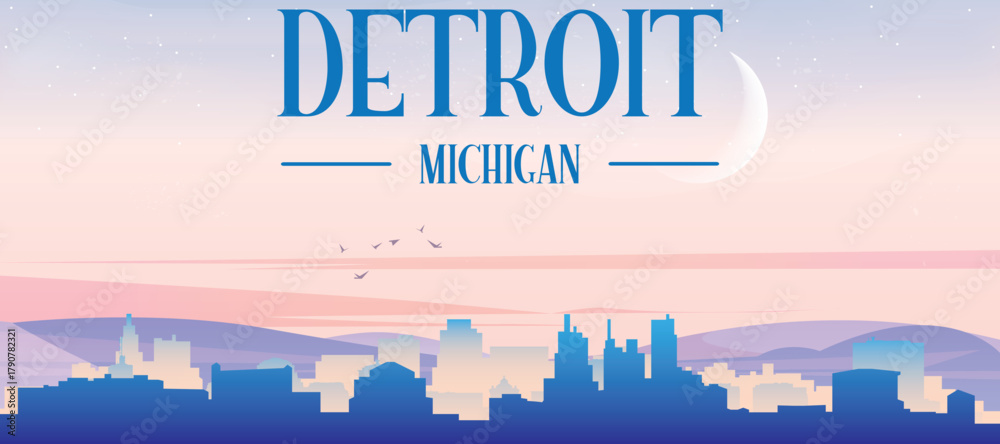 Fototapeta premium Panoramic poster of the city skyline with misty background buildings, hills sunrise, sunset and clouds of DETROIT, UNITED STATES
