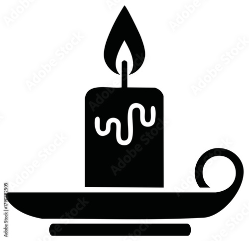 Black candle with melting wax in candlestick vector icon illustration