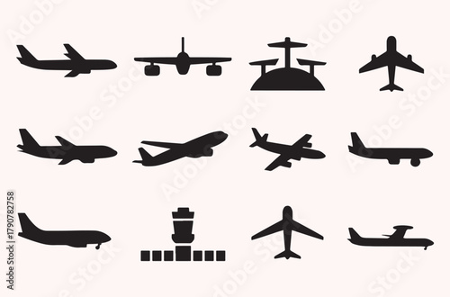 Airplane and airport silhouette set