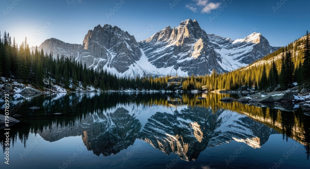 Fototapeta premium Mountain lake reflects peaks and evergreens under a bright, sunny sky