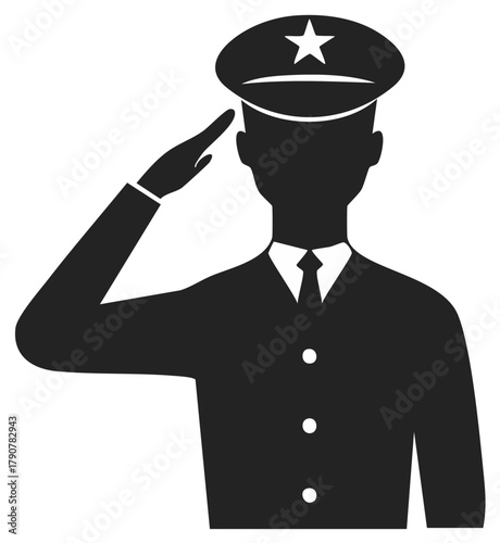 Silhouette illustration of a military officer saluting with a star on their cap.