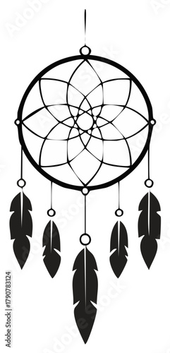 Black and white illustration of a Native American dream catcher with feathers