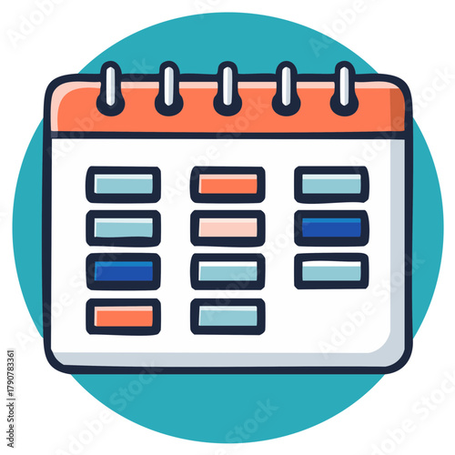 Stylized cartoon calendar illustration with rows and columns representing dates or events.