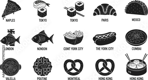 City, food, illustration, black, white, icon, pizza, sushi, taco, croissant, hotdog, pretzel, dim sum, curry, humor, grid, travel, culture, snack, vector, design