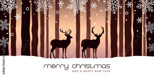 christmas winter border with deer in forest vector illustration
