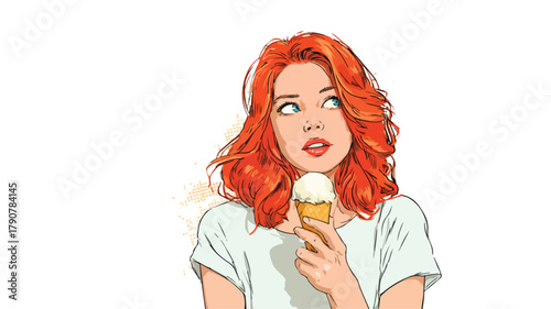 Red-haired girl holding ice cream cone vector illustration