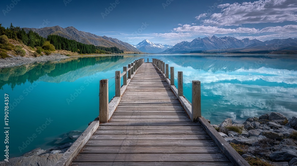 Fototapeta premium Wooden bridge on a turquoise lake and surrounding mountains and forest