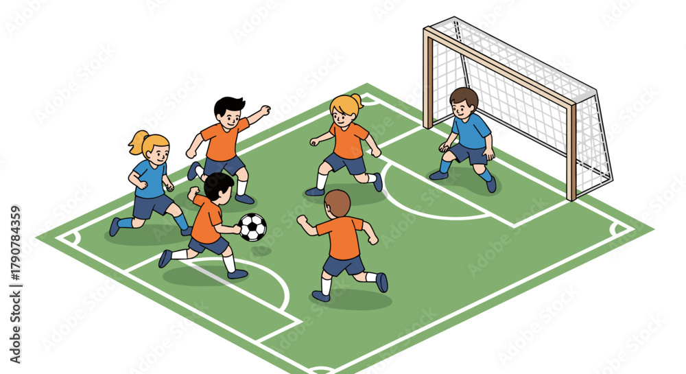 Fototapeta premium Isometric kids playing soccer on green field with enthusiasm and team spirit