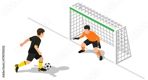 Isometric soccer player preparing to score against goalkeeper in action