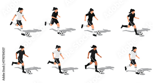 Female soccer players in action: isometric design of women footballers dribbling