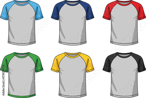 Men’s raglan t-shirt illustration, short sleeve design, color sleeve variation, gray torso style, fashion mockup, apparel vector, casual wear, garment sketch