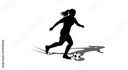 Silhouette of female soccer player dribbling ball with dynamic shadows