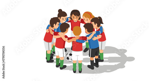 Team spirit huddle: diverse young soccer players united in isometric cheer