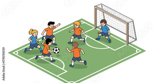 Isometric kids playing soccer on green field with enthusiasm and team spirit