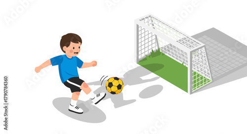 Cartoon boy playing soccer with goal in the background