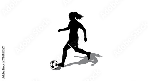 Dynamic silhouette of female soccer player kicking ball with shadow effect