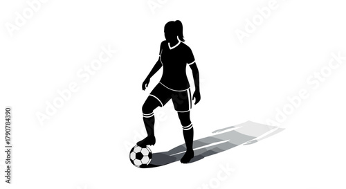 Silhouette of female soccer player with ball and shadow on white background