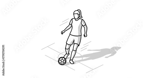 Female soccer player dribbling ball in dynamic isometric design with shadow