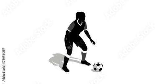 Silhouette of female soccer player in action with shadow on white background