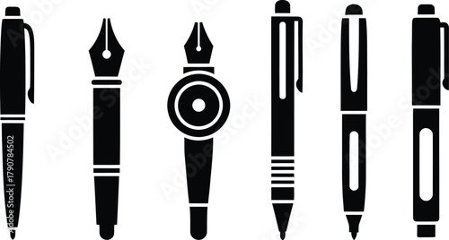 Set of pens vector. Fountain pen vector illustration icons silhouette 