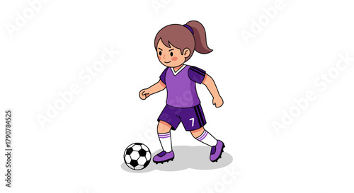 Charming cartoon girl playing soccer in purple uniform