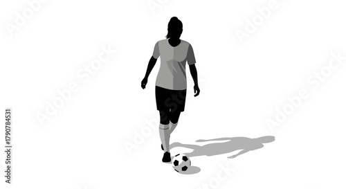 Female soccer player silhouette dribbling ball with shadow on white background