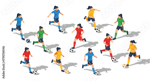 Diverse women soccer players in action - isometric graphic of female athletes playing soccer
