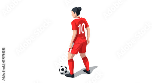 Female soccer player in red uniform ready to kick ball