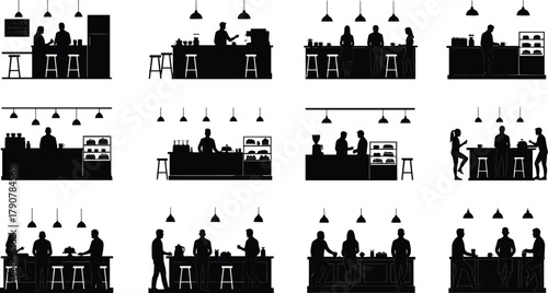 Coffee, shop, café, silhouette, black, white, barista, customer, drink, counter, laptop, stool, icon, minimal, grid, cozy, interior, social, design, daily