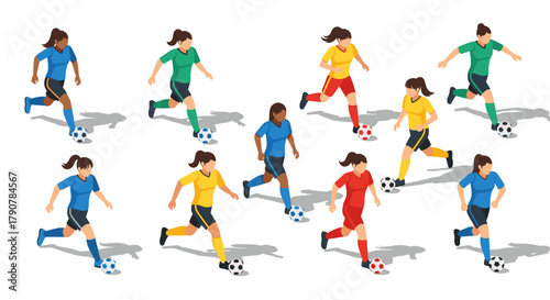 Isometric female soccer players dribbling in team uniforms on white background
