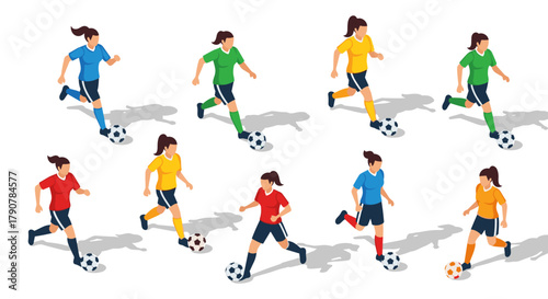 Dynamic isometric female soccer players dribbling in colorful uniforms on a white background